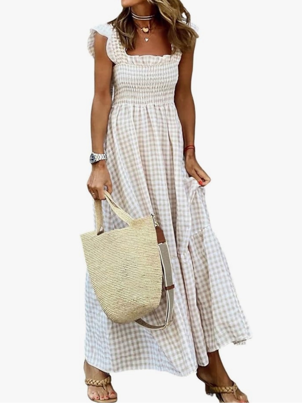 Smocked Gingham Maxi Dress in Beige and White